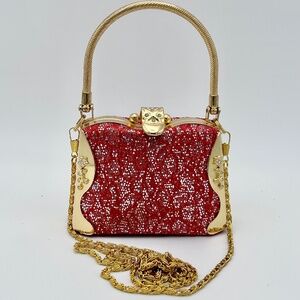 Evening Bag & C/B Chain Mini Size, Goldstone Metal Red Lace EUC